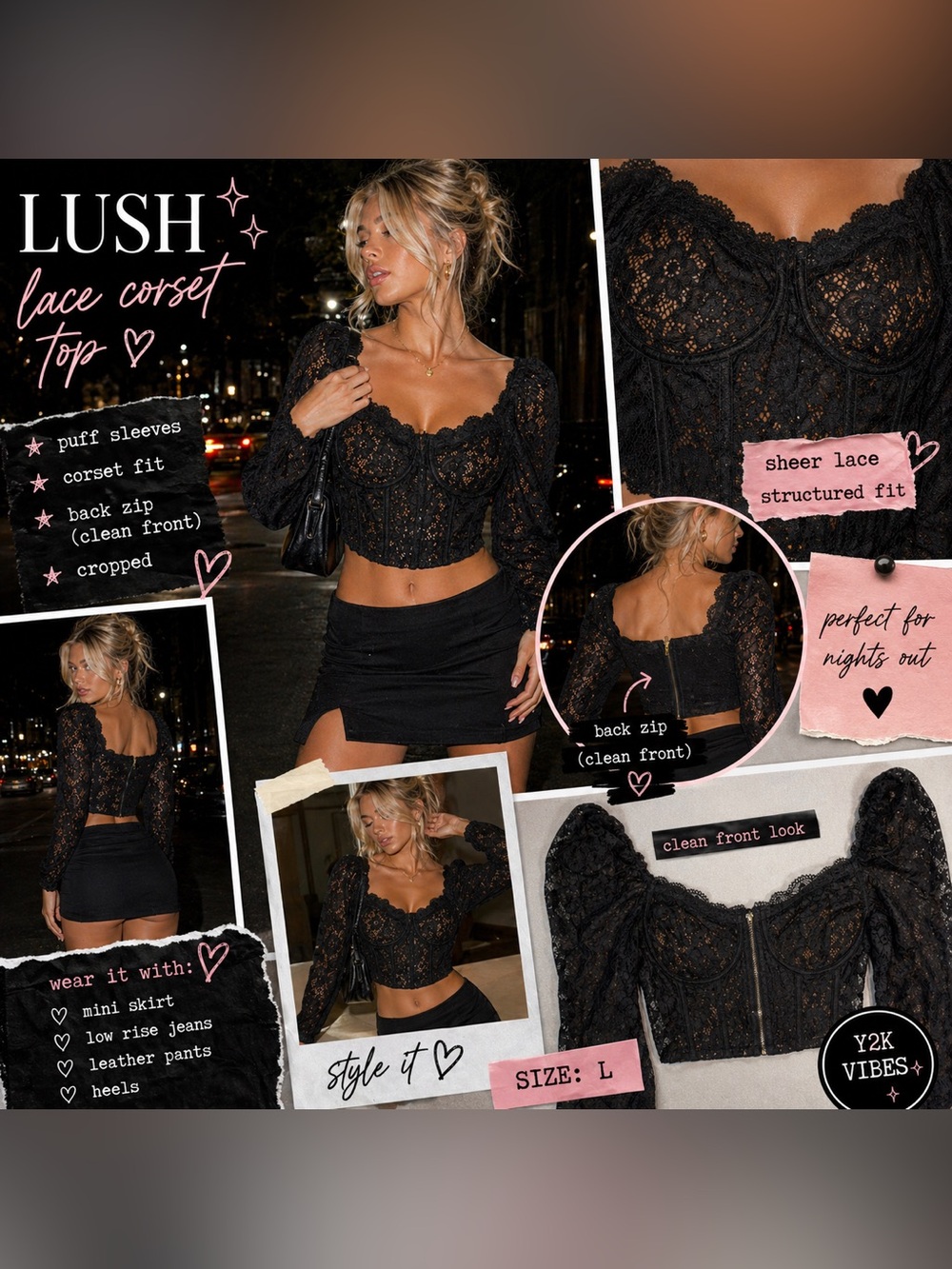 Lush Black Lace Corset Crop Top Size L Puff Sleeve